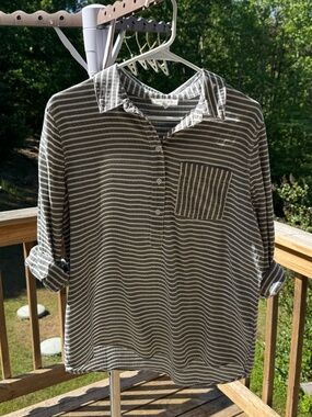 Striped Button Polo Tunic Top beachlunchlounge Casual Shirt Medium Gray White